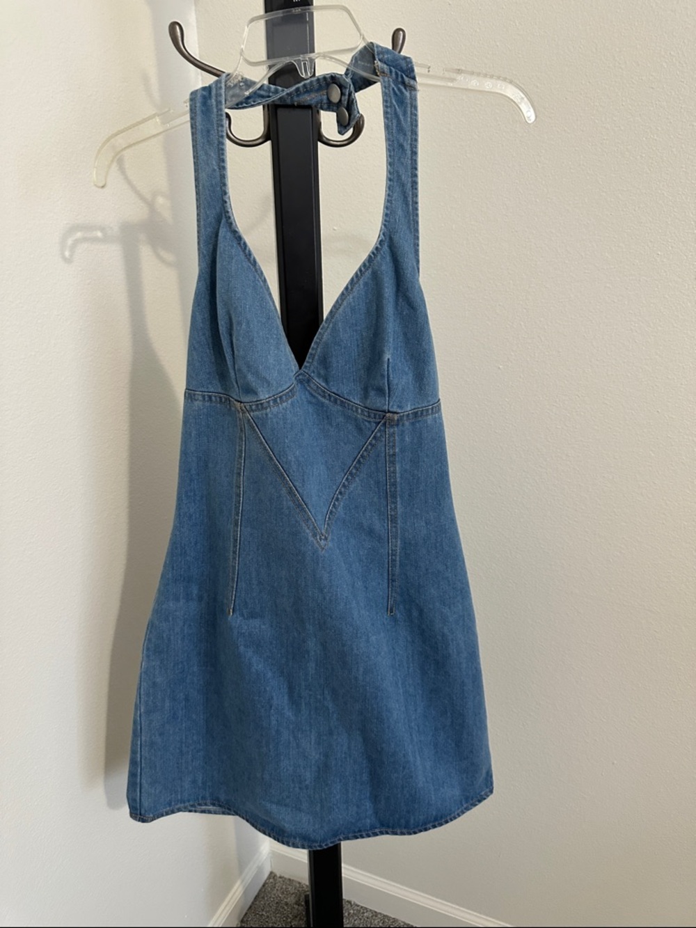 Le Lis Medium Blue Denim Halter Dress Overall